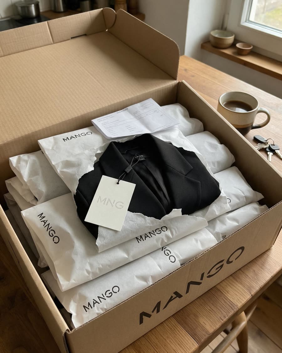 Un carton Mango ouvert sur une table de cuisine.