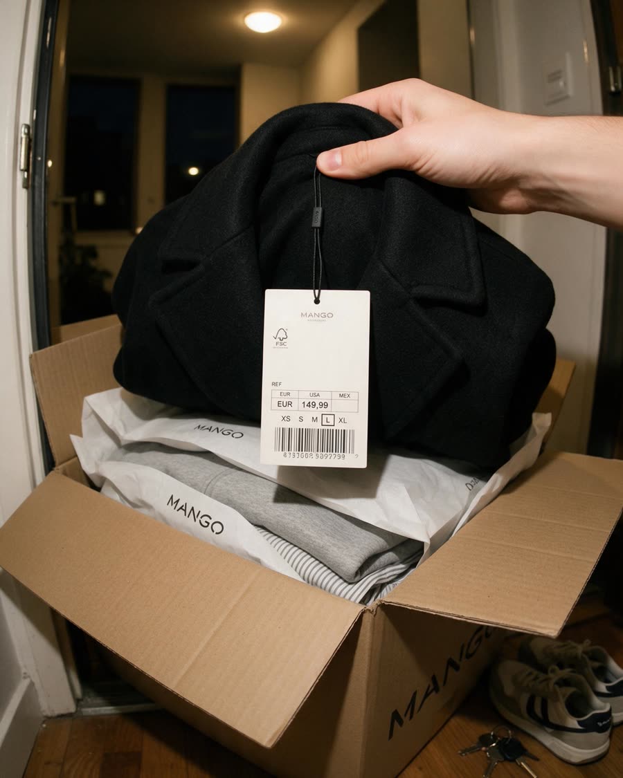 Un carton Mango ouvert dans une entrée, manteau noir dans du papier de soie.